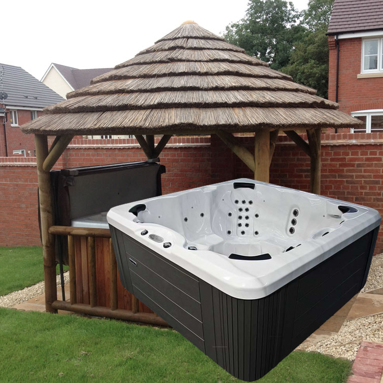 3.8M THATCH GAZEBO + REGENCY PRINCE HOT TUB